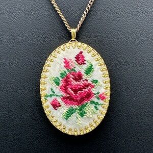 Darling Vintage Needlepoint Rose Flower Embroidered Pendant with Chain